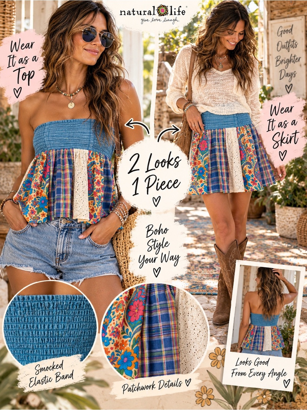 NWT NATURAL LIFE Blue Patchwork Smocked Convertible Camisole/Skirt